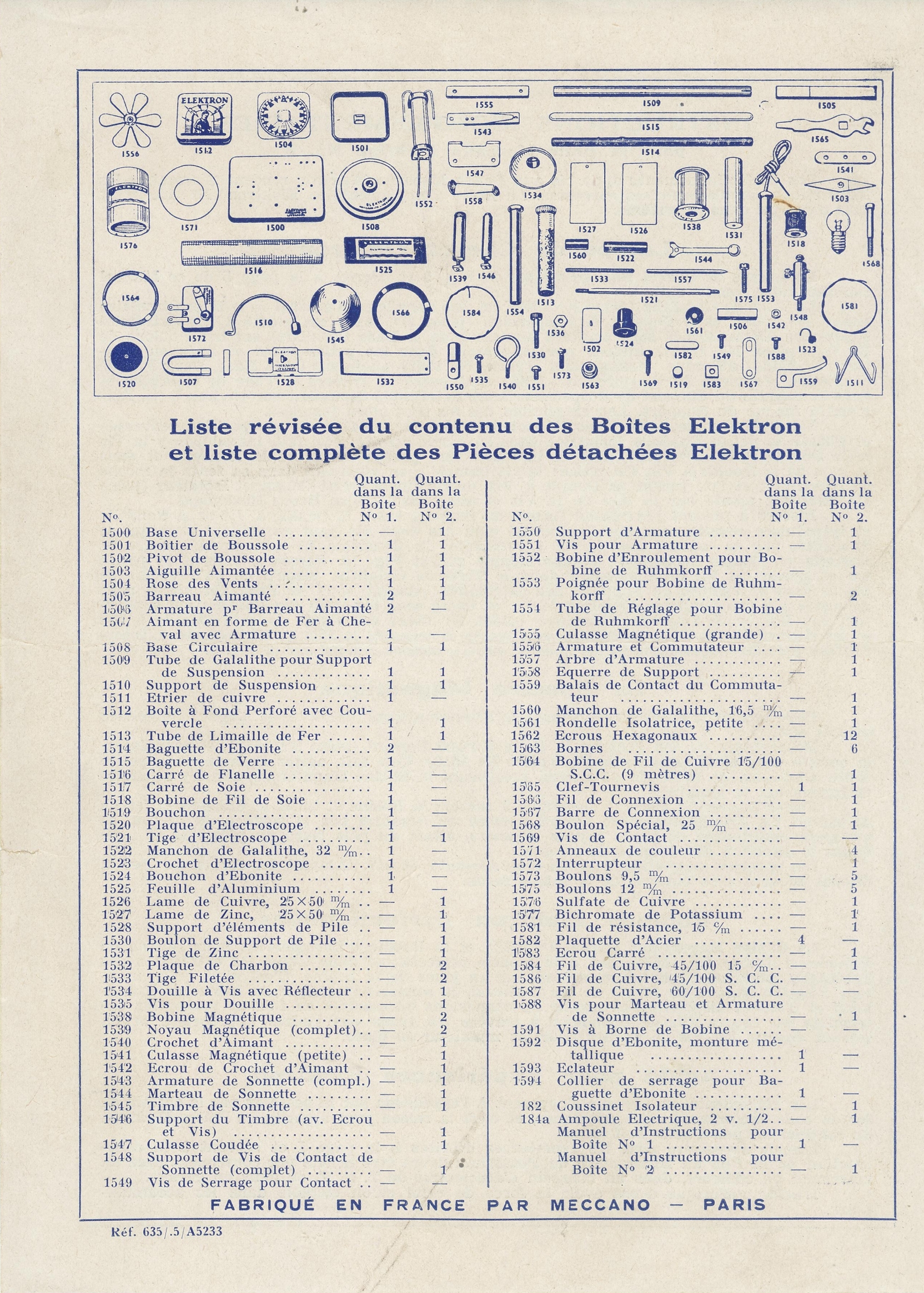 Liste des pièces et contenu des boîtes (juin 1935)