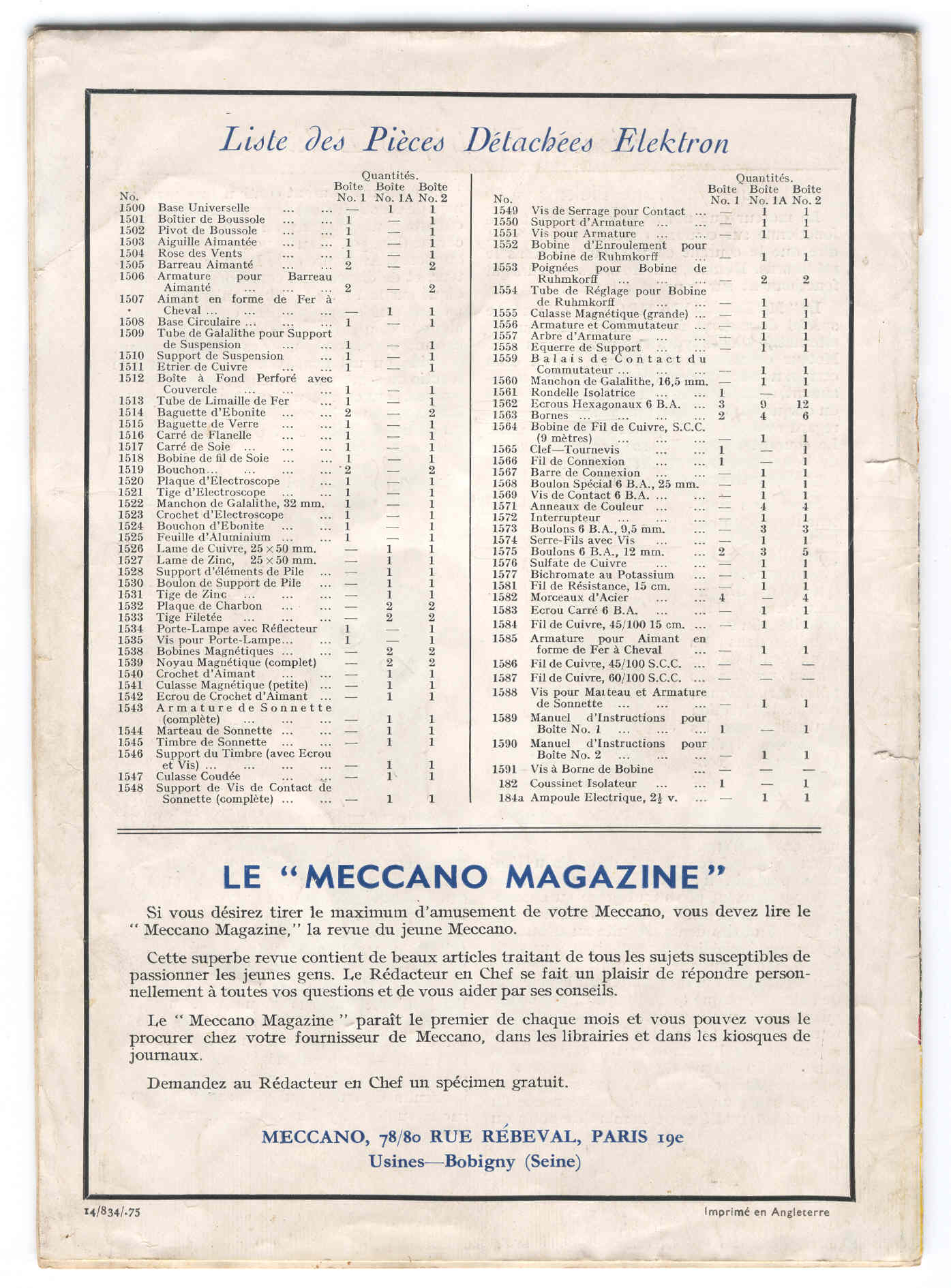 Liste des pièces et contenu des boîtes (août 1934))