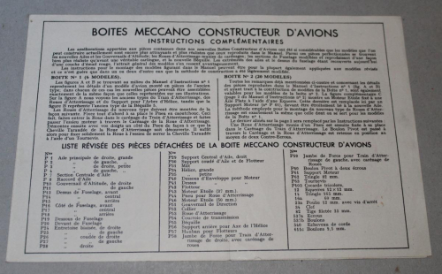 Boîte de 1932 (instructions complémentaires et liste des pièces)