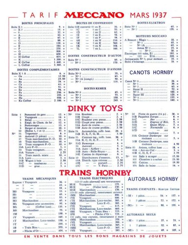 Tarif d'avril 1937